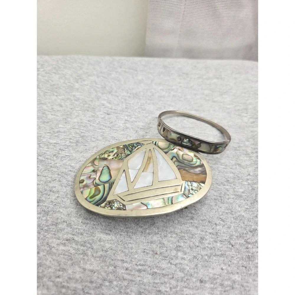 Vintage Large Alpaca Silver Belt Buckle Matching Bracelet Set Abalone Inlay